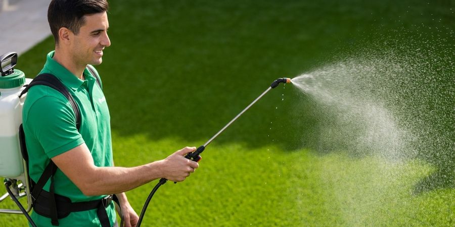 Hombre aplicando limpiador con pulverizador sobre césped artificial para mantenimiento profesional