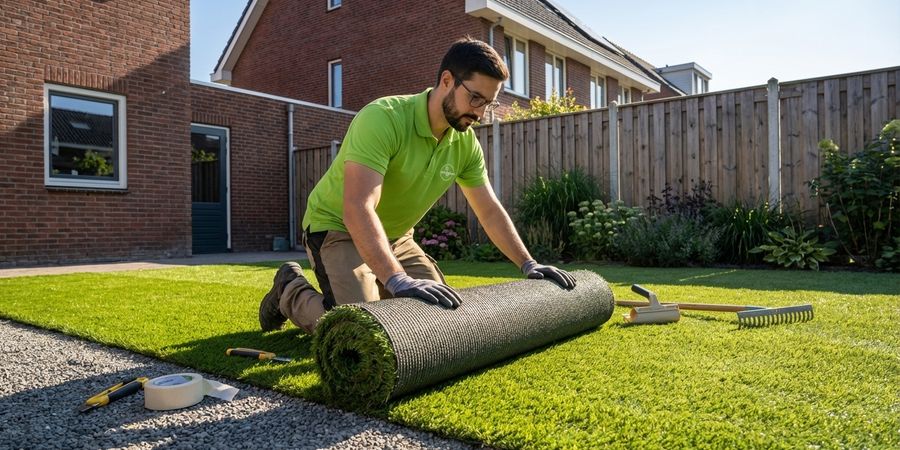 Instalador profesional colocando césped artificial en jardín residencial