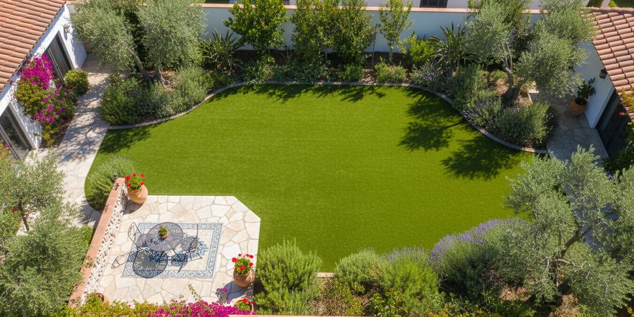 Vista aérea de jardín residencial con césped artificial bien mantenido, libre de alérgenos
