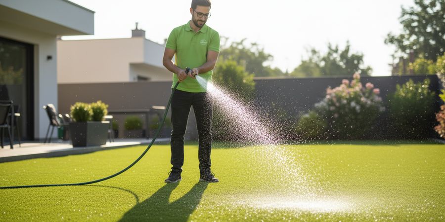 Persona limpiando césped artificial con manguera para eliminar polen y alérgenos