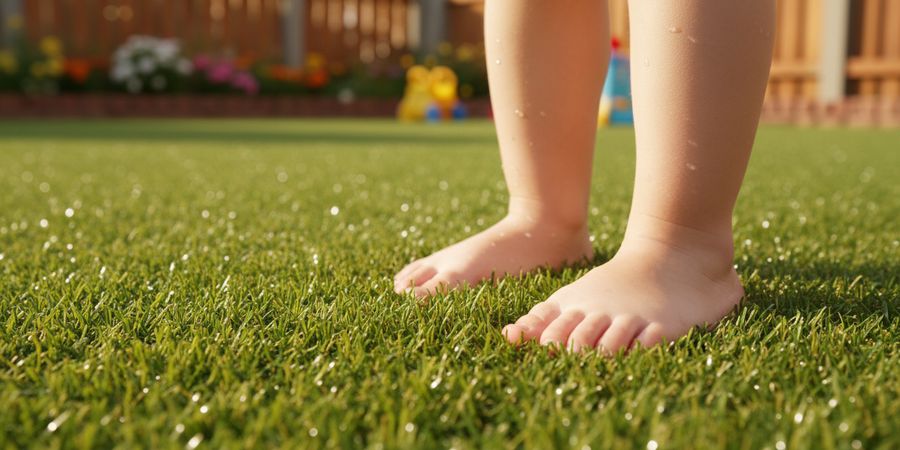 Niño jugando descalzo sobre césped artificial suave y seguro para la piel