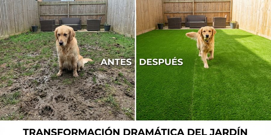 Comparación antes y después de césped natural deteriorado vs césped artificial impecable con perros