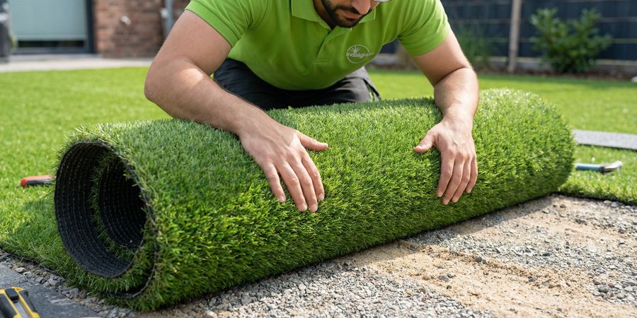 Instalación profesional de césped artificial específico para perros en jardín residencial