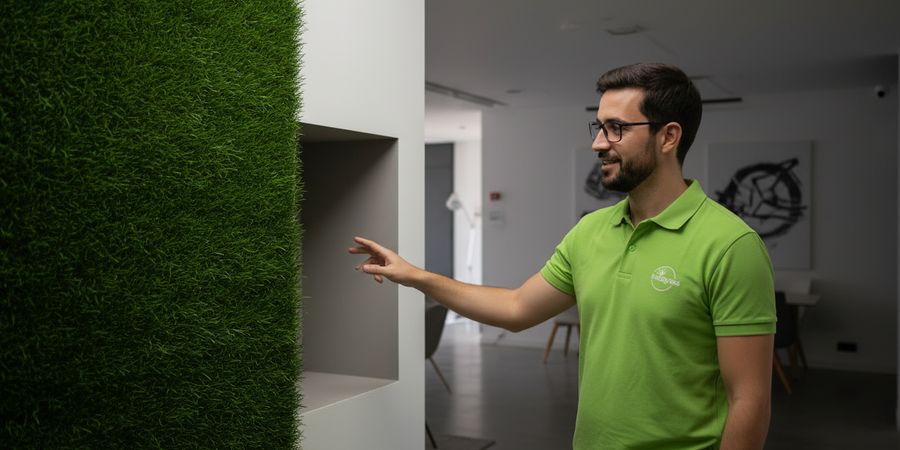 Césped artificial vertical en interior sin luz natural donde plantas naturales no sobrevivirían