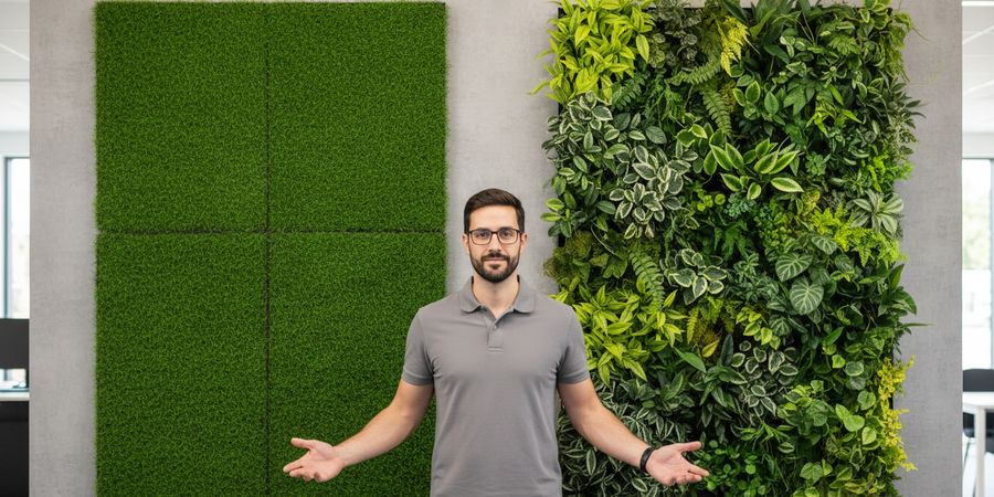 Comparación lado a lado de césped artificial vertical y jardín vertical natural mostrando diferencias visuales