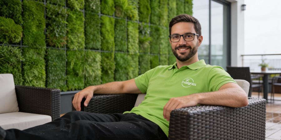 Hombre relajándose junto a un muro de césped artificial vertical mostrando la durabilidad y el uso a largo plazo