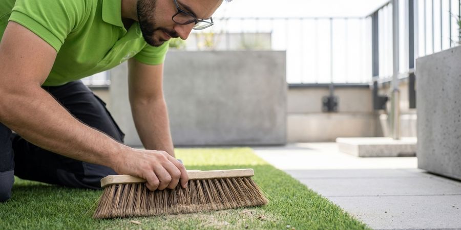 Experto limpiando césped artificial de pelo corto en terraza moderna