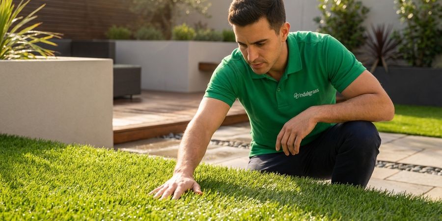 Experto de Indalgrass comprobando la calidad del drenaje del césped artificial