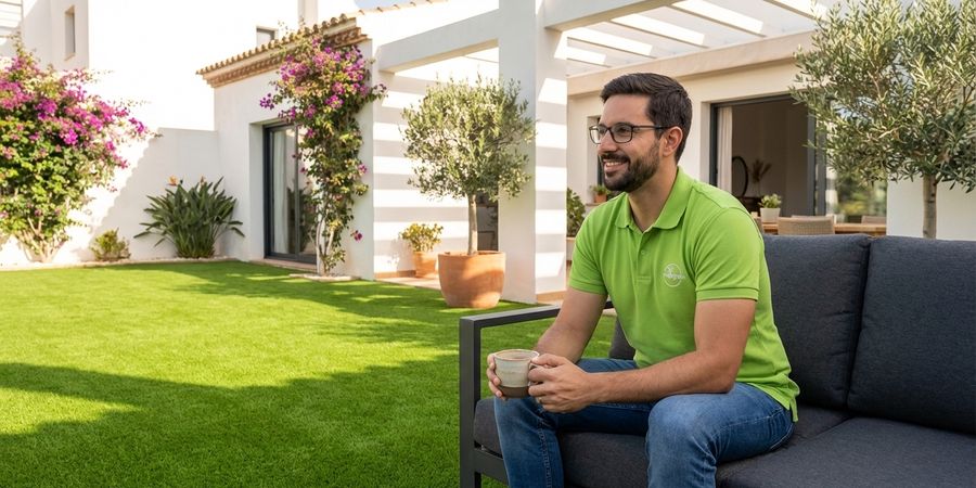 Hombre disfrutando de su jardín con césped artificial de bajo mantenimiento