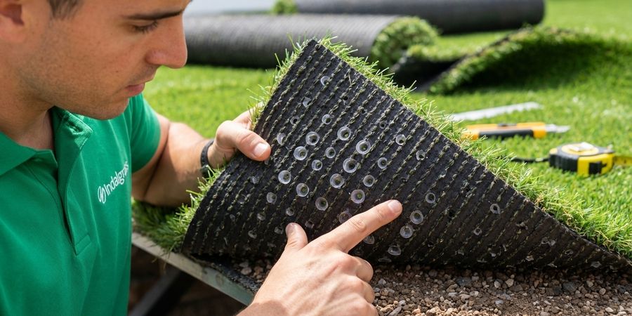 Profesional examinando las perforaciones del backing en un rollo de césped artificial