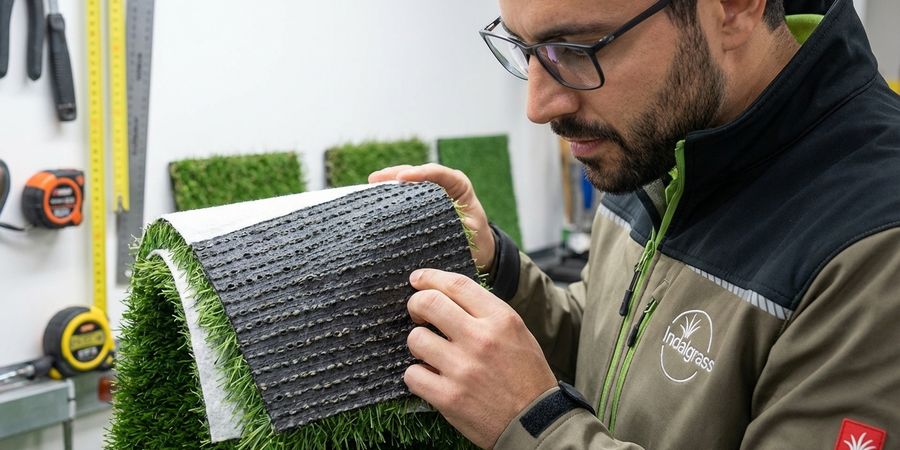 Profesional inspeccionando el backing y drenaje del césped artificial