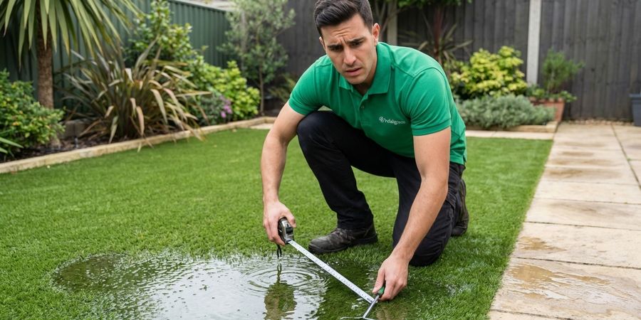 Técnico de Indalgrass inspeccionando problemas de encharcamiento en césped artificial