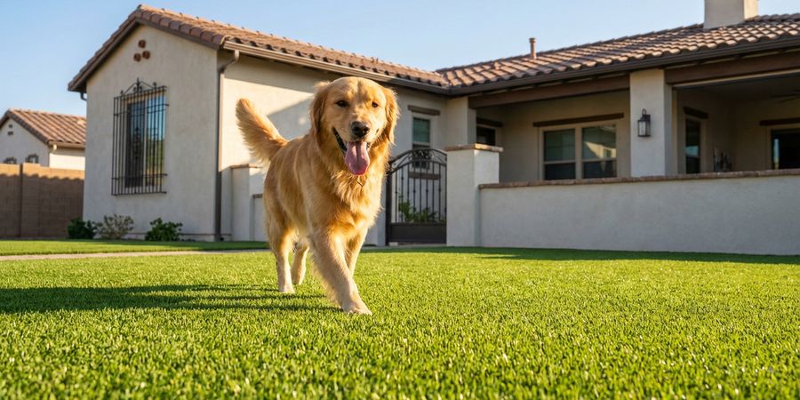 Golden retriever feliz jugando en césped artificial de alta calidad para mascotas