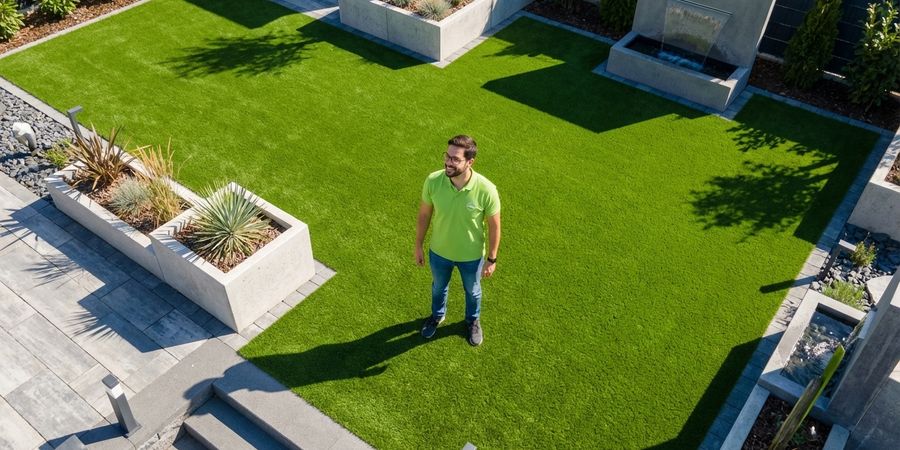 Vista aérea de jardín grande con césped artificial instalado