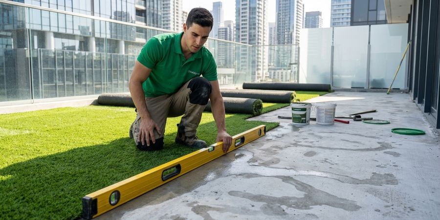 Instalación profesional de césped artificial en terraza verificando pendiente con nivel