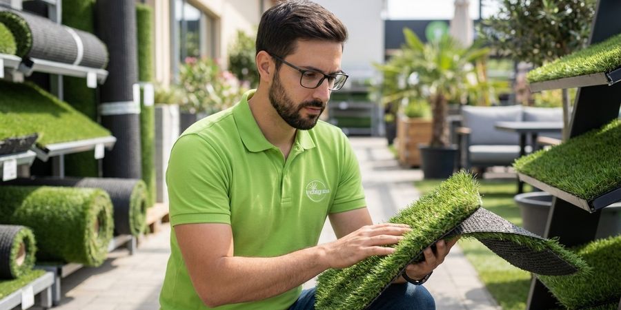 Hombre examinando diferentes muestras de césped artificial para comparar calidades