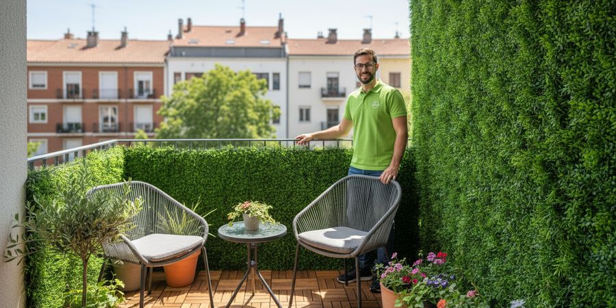 Balcón urbano con muro verde de césped artificial vertical creando privacidad y ambiente natural