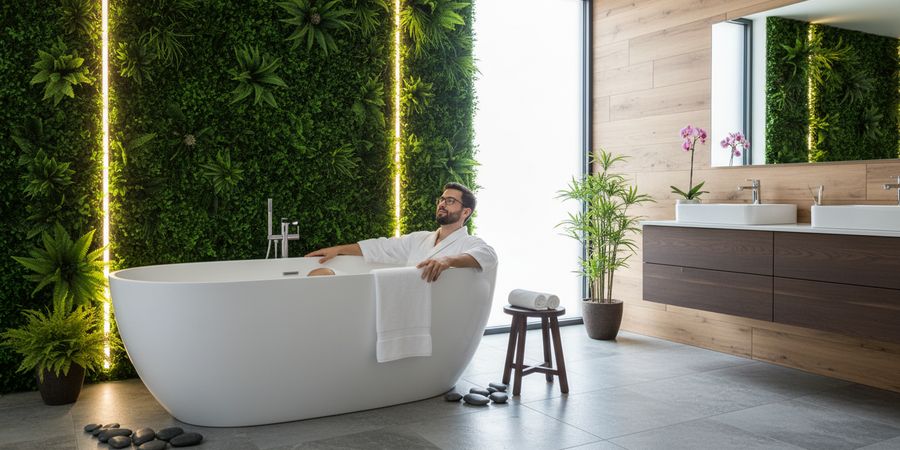 Baño spa moderno con muro de césped artificial vertical creando ambiente de bienestar