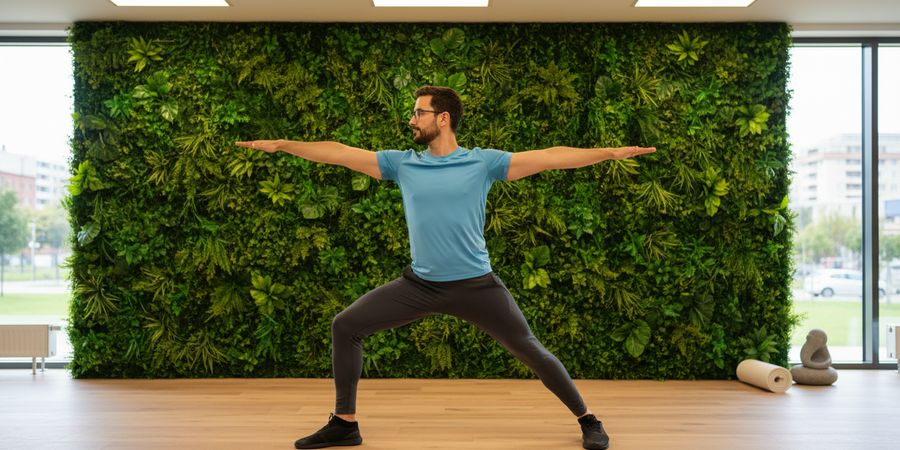 Gimnasio o centro deportivo con césped artificial vertical en zona de yoga y wellness