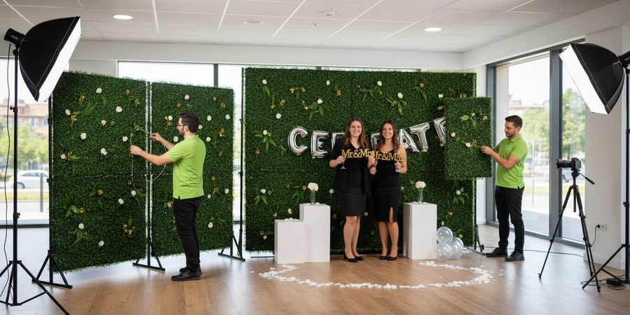 Montaje de photocall con paneles modulares de césped artificial vertical para eventos
