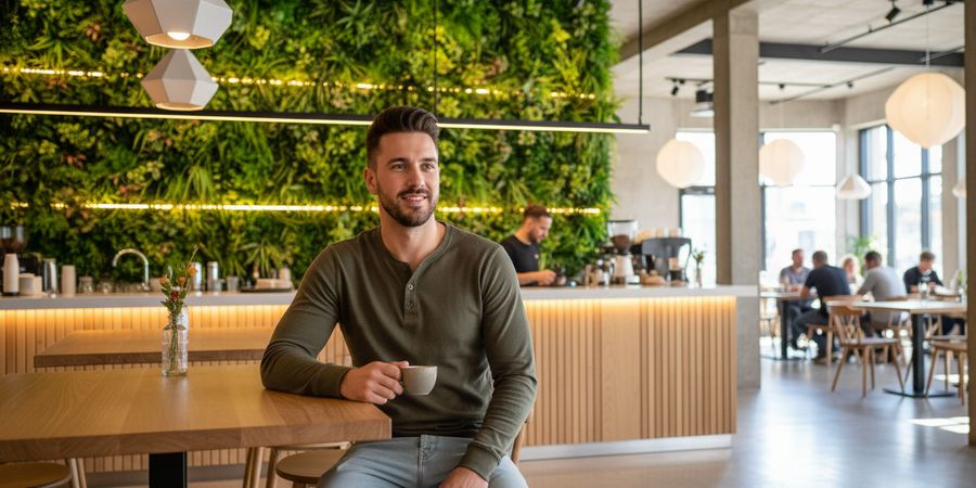 Restaurante o cafetería con muro verde de césped artificial vertical como elemento decorativo
