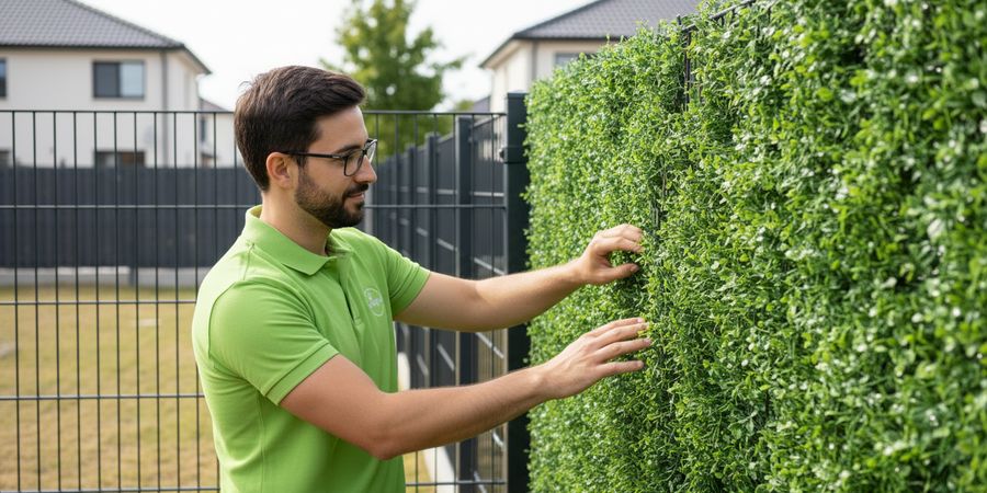 Valla de jardín cubierta con césped artificial vertical como separación verde