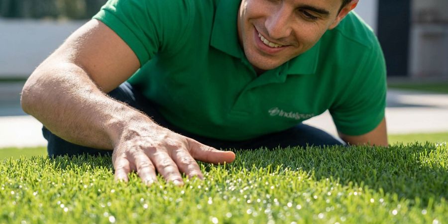 Inspección del césped artificial después de la desinfección verificando resultados óptimos