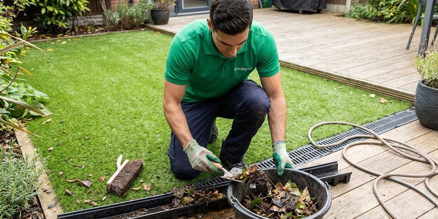 Mantenimiento de desagües perimetrales eliminando hojas y residuos