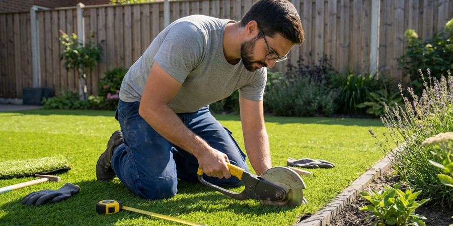 Instalación DIY de césped artificial por propietario con herramientas básicas