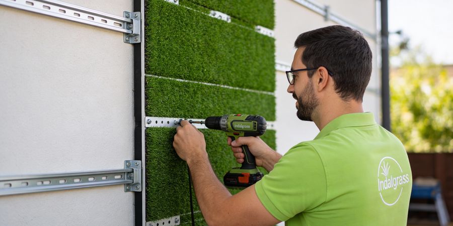 Instalación de paneles de césped artificial vertical en una pared exterior