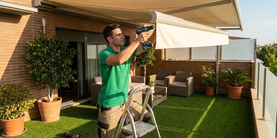 Profesional instalando toldo retractil sobre cesped artificial para proporcionar sombra