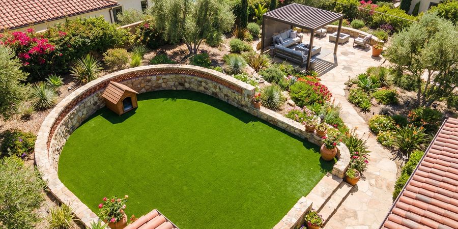 Jardín moderno con césped artificial para perros integrado armoniosamente con plantas y zonas decorativas