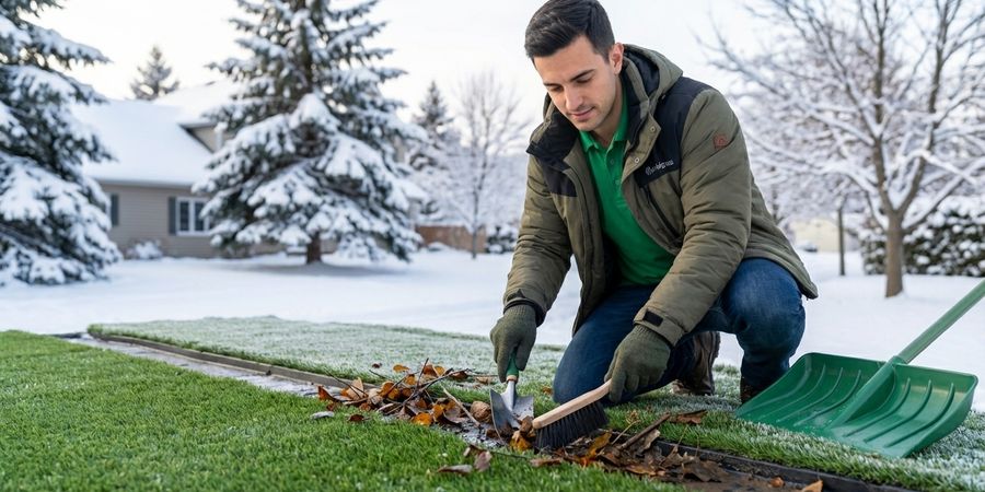 Experto limpiando canales de drenaje perimetrales del cesped artificial en invierno