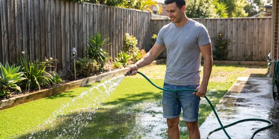 Hombre aclarando césped artificial con manguera después de aplicar producto limpiador