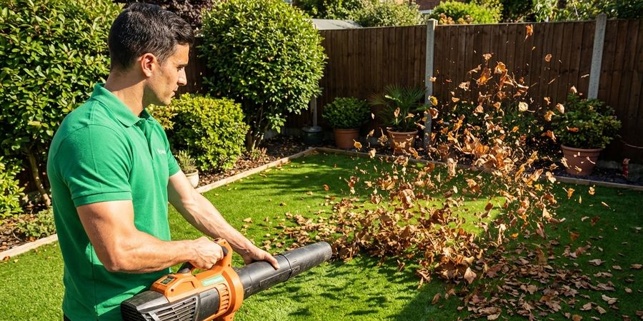 Limpieza previa del césped artificial con soplador eliminando hojas y residuos