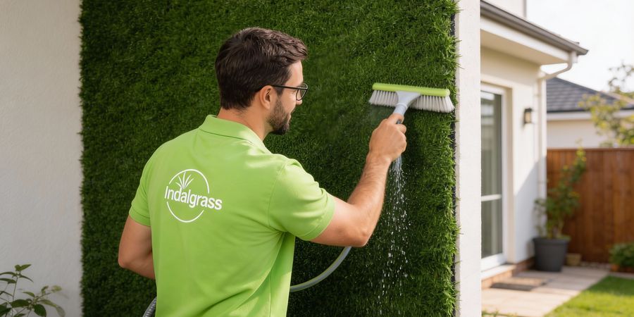 Limpieza y mantenimiento de césped artificial vertical con cepillo
