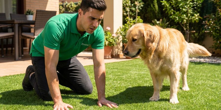 Profesional verificando temperatura del cesped artificial antes de permitir que mascota juegue