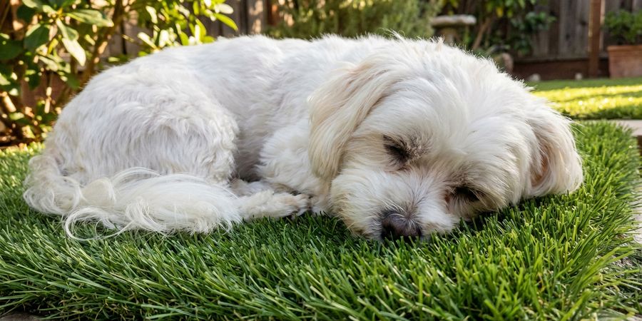 Perro descansando cómodamente sobre césped artificial suave y seguro para mascotas