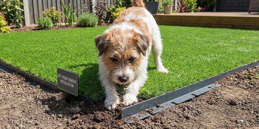Perro intentando excavar en el borde del césped artificial mostrando la importancia de bordes bien fijados