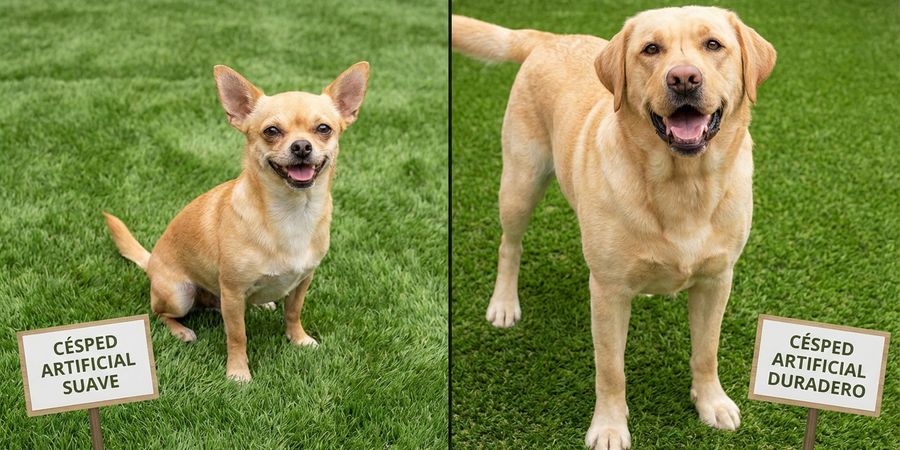 Comparación de perros pequeños y grandes sobre césped artificial mostrando las diferentes necesidades según el tamaño