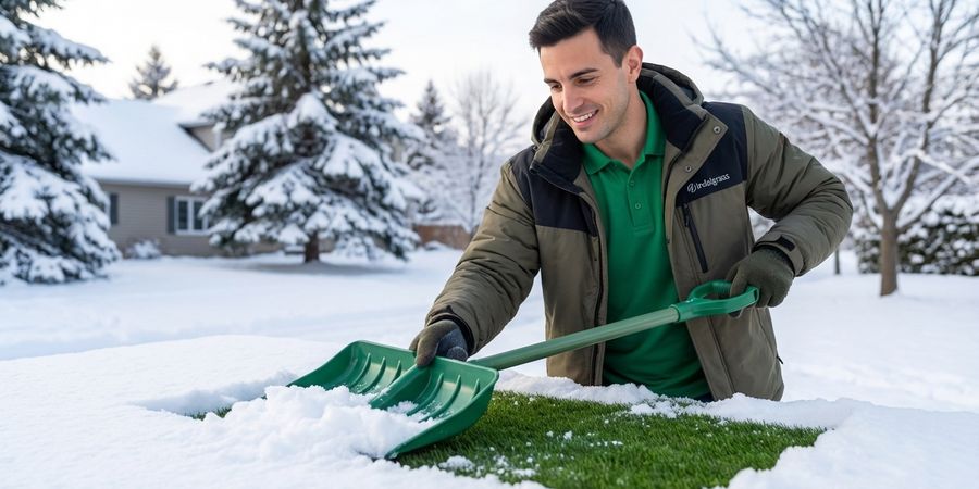 Profesional usando pala plástica para retirar nieve del cesped artificial correctamente