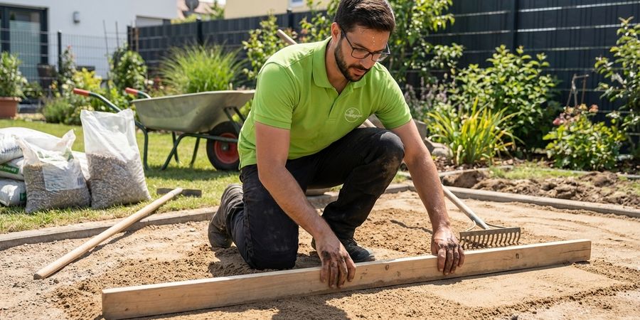 Profesional nivelando y preparando el terreno para instalación de césped artificial