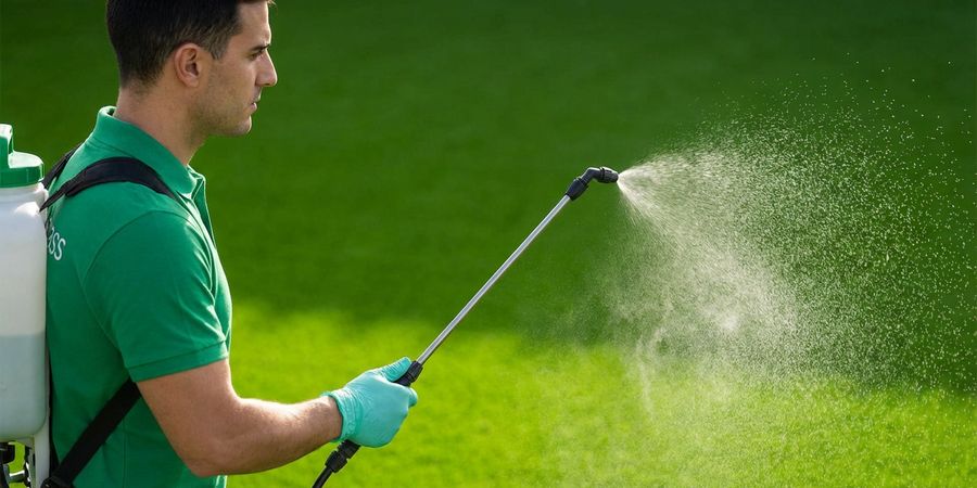 Aplicación uniforme del desinfectante sobre césped artificial con pulverizador profesional