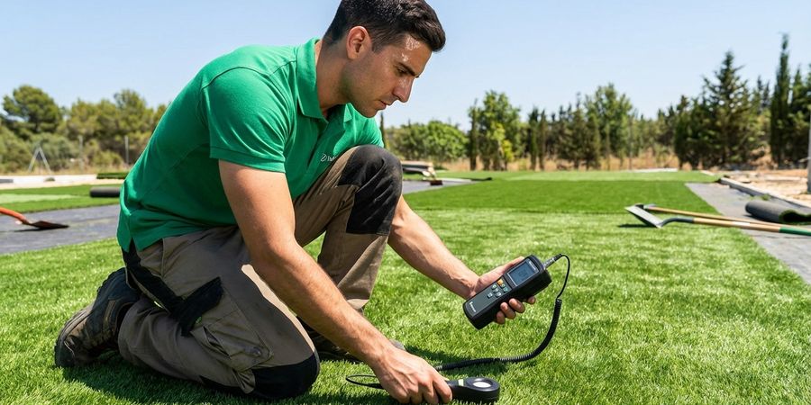 Profesional analizando proteccion UV del cesped artificial bajo luz solar intensa