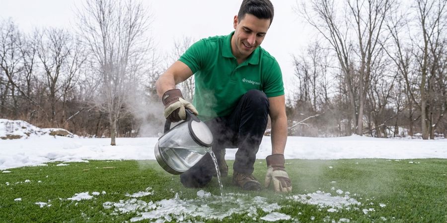 Profesional aplicando agua tibia para derretir hielo en cesped artificial sin dañar fibras