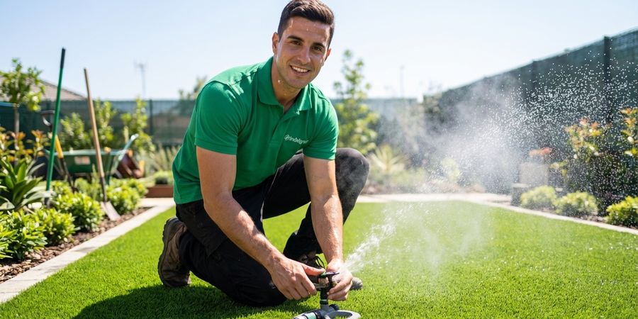Experto regando cesped artificial durante dia caluroso para reducir temperatura