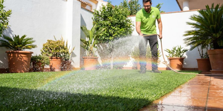 Limpieza diaria del césped artificial con manguera para eliminar orina y mantener higiene óptima