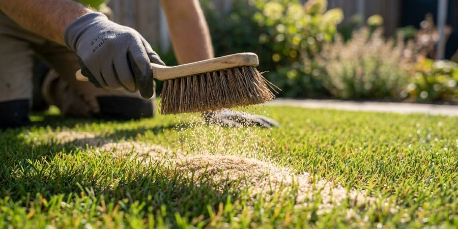 Aplicación de arena de sílice en césped artificial con cepillo