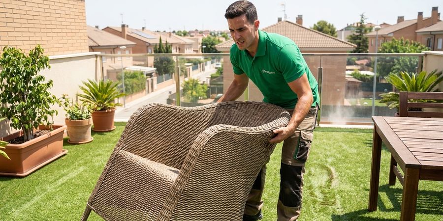 Experto reposicionando muebles de jardin sobre cesped artificial para evitar marcas permanentes
