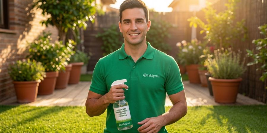Hombre aplicando vinagre blanco diluido como limpiador natural para césped artificial